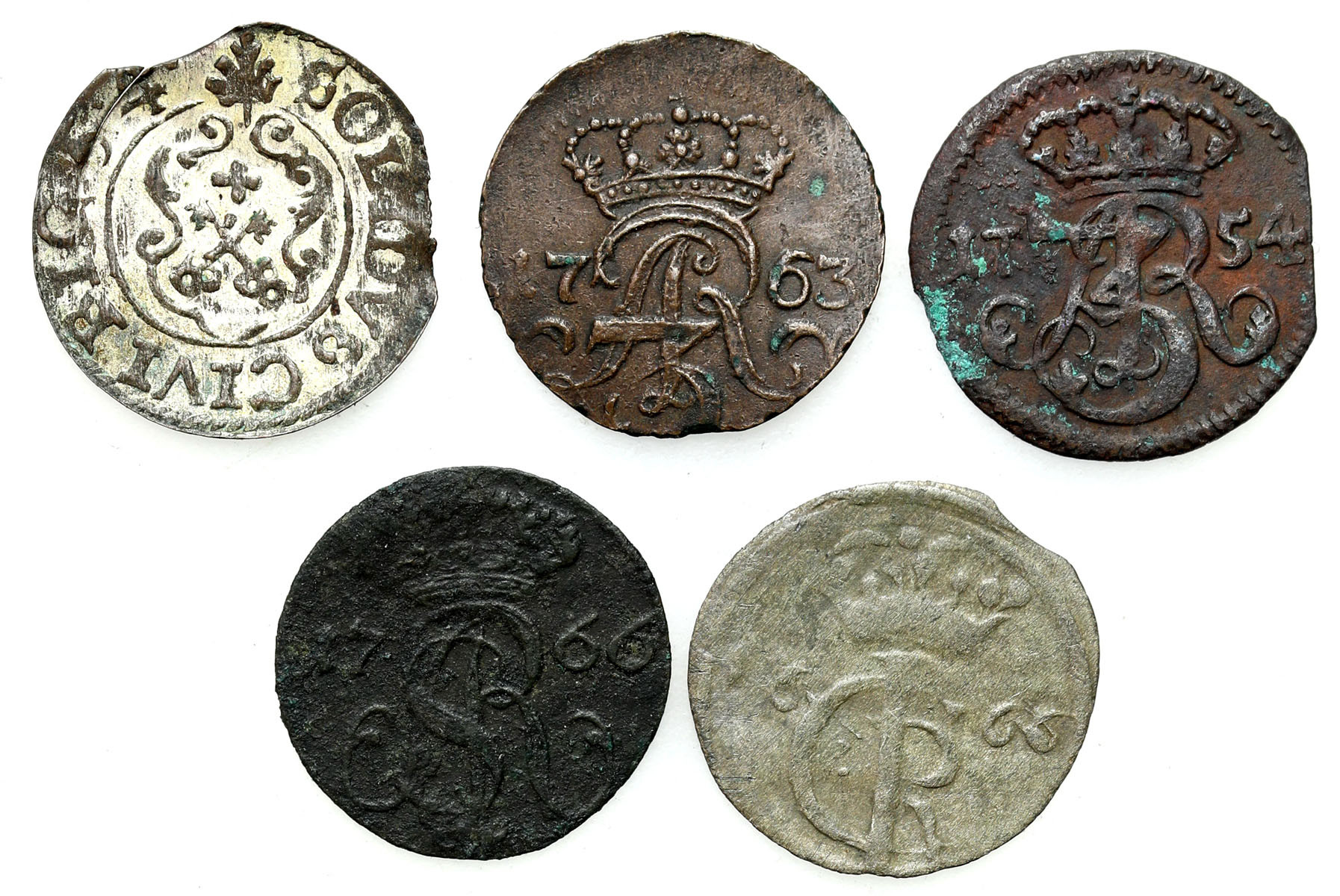 Polska XVII-XVIII wiek. Szeląg 1654, 1754, 1763, 1766, zestaw 5 monet